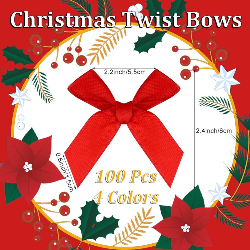 Adodotoe Christmas Twist Tie Bows, 100 Pcs Satin Twist Tie Bows for Treat Bag Satin Ribbon Tie Bows for Tying Up Packages Present Bags Bakery Candy Bags Decorating Ribbon Bow Gift Wrap Bows (Christmas) - Image 2